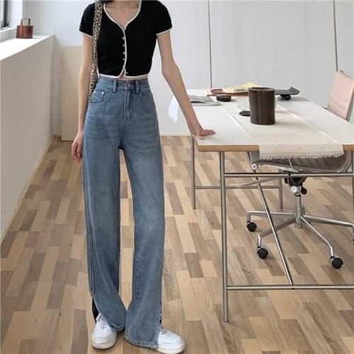 New Fashion Spring Autumn Women Blue Pants Straight Streetwear Trousers High Waist Female Split Formal Long Loose Pant