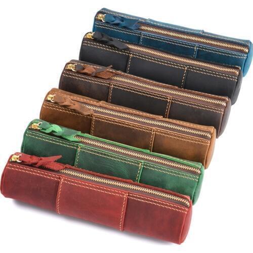 Handmade Genuine Leather Pencil Case With Zipper Leather Pen Pouch High Capacity Business Pencil Case Bag Stationery Supplies