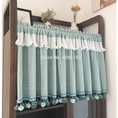 2019 New arrival American Pastoral style door curtain Blue color Lace short curtains Tulle Curtain for Door/Living Room/bedroom