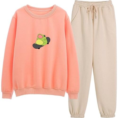 Women Outfit Cute Frog on Skateboard Hoodie Cotton Two-piece Suit Autumn Hoodies for Girls Full Sleeve Aesthetic Sweatpants Set