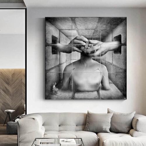 Nordic Creative Black White Rubiks Cube Man Face Canvas Painting Wall Art for Living Room Entrance Abstract Big Poster Print