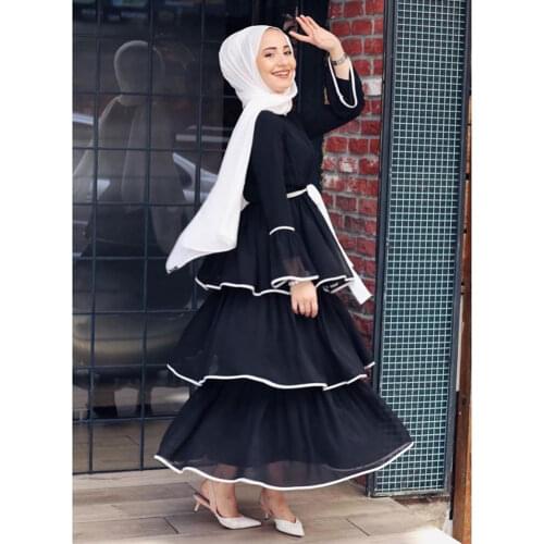 Dubai Islam Muslim Sweet Cake Dress Women Flare Sleeve Lace-up Multi-layer Pleated Cupcake Dresses Ankle-length Islamic Clothing