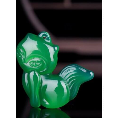 Natural Green Chalcedony Hand Carved Nine Tailed Fox Pendant Fashion Boutique Jewelry Mens and Womens Safety Clasp Necklace