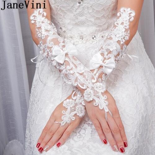JaneVini 2018 New Lace Fingerless Bridal Gloves Long Pearl Bow Women Wedding Gloves For Bride White Accessories Gants Dentelles