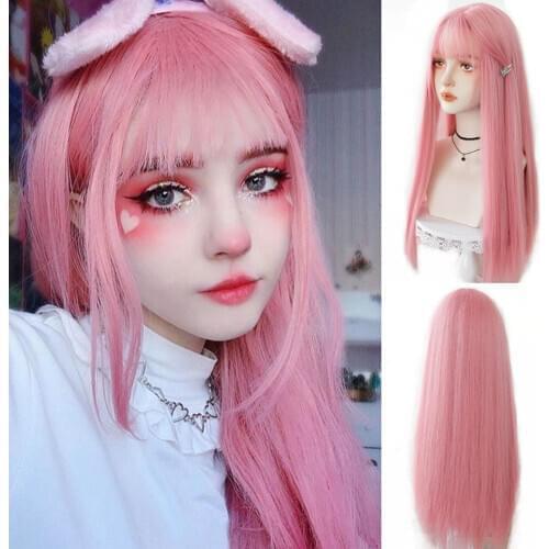 HOUYAN Long straight hair wig synthetic pink bangs Cosplay wig ladies synthetic bangs wig