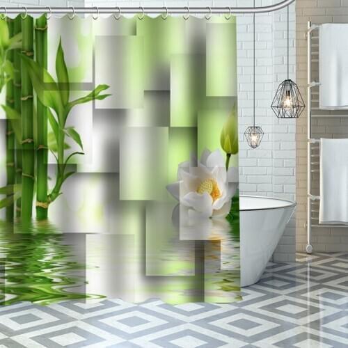 Custom High Quality Bamboo Shower Curtain Waterproof Bathroom Polyester Fabric Bathroom Curtain With Hooks