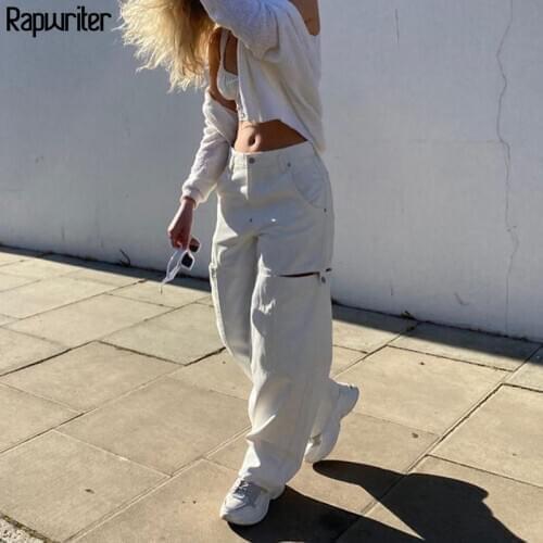 Rapwriter Casual Hollow Out White Jeans Straight Trousers Baggy Streetwear Full-Length High Waist Jeans Harajuku Demin Pants
