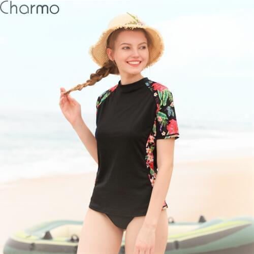 Charmo Women Short Sleeve Rashguard Retro Flower Print Quick-drying Shirt Surfing Top Floral Rash Guards UPF50+ Hiking Shirts