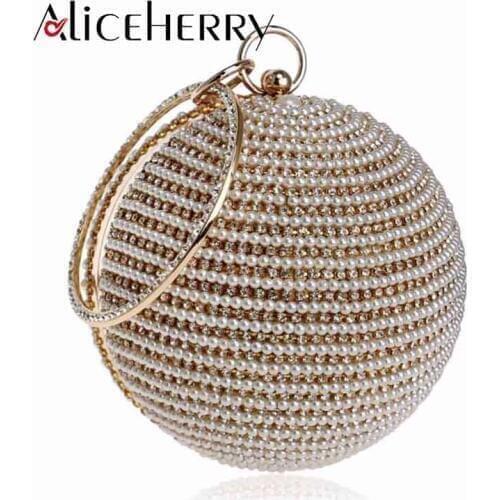 Luxury Diamond Pearl Evening Clutch Chain Bag Round Shape Womens Handbag Wedding Purse for Girls Wedding Party Make Up Bag