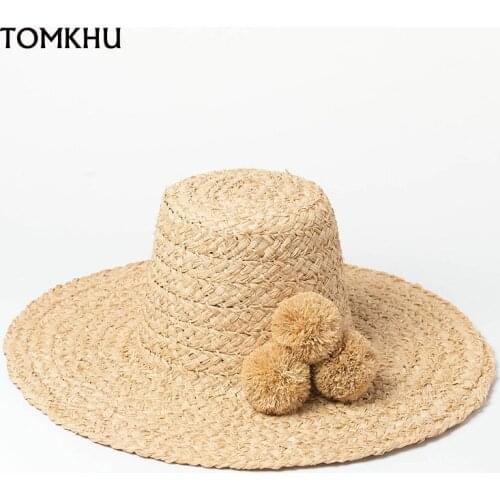 New Vintage Spring Summer Hand-knitted Raffia High-top Flat Top Sun Hats For Women Outdoor Beach Big Brim Top Hat Modis Sitka