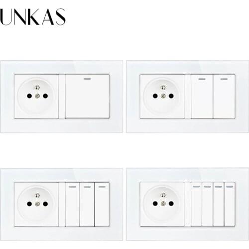 UNKAS French Standard Wall Socket 146MM*86MM + 1 2 3 4 Gang 1 / 2 Way On / Off Light Switch Tempered Crystal Glass Panel Outlet