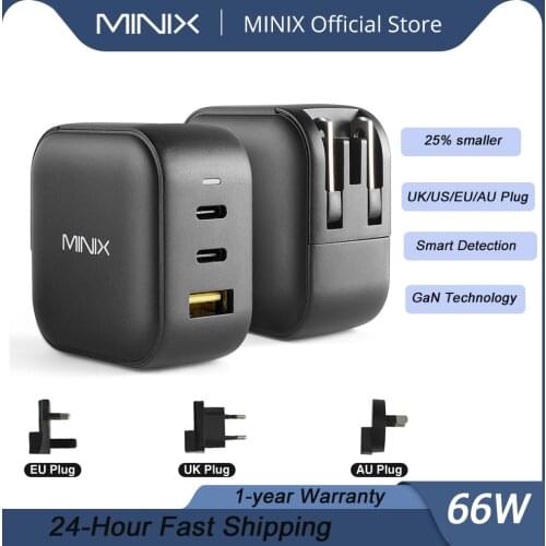 MINIX NEO P1 66W GaN Charger P1 66W Fast Charger 3 Ports 2xUSB-C 1xUSB-A Quick Charger EU/US/AU/UK Plug Adapter For Iphone Ipad