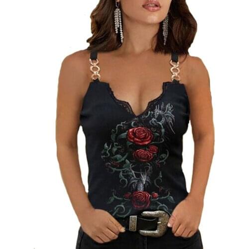 New Summer Lace Decoration V-Neck Printed Camisole T-Shirt Plus Size Womens Casual Sleeveless Top Fashion Sexy Clothing