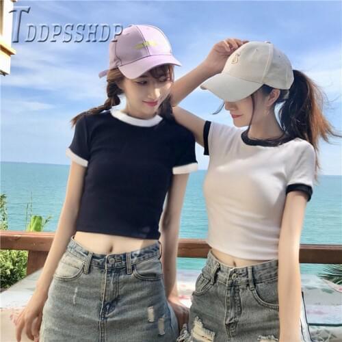 2020 Summer New Korean Expose Navel Women T Shirt Slim Female Tee Shirts
