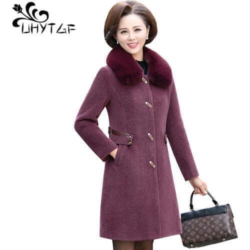 UHYTGF Women winter jacket quality Mink Cashmere wool coat female fashion fur collar thick casual 5XL plus size coats womens 528