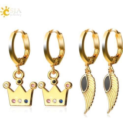 CSJA Gold Silver Color Zirconia Feather Crown Earrings for Women Kids Enamel Copper Hoop Earring Trendy 2020 Summer Jewelry S670