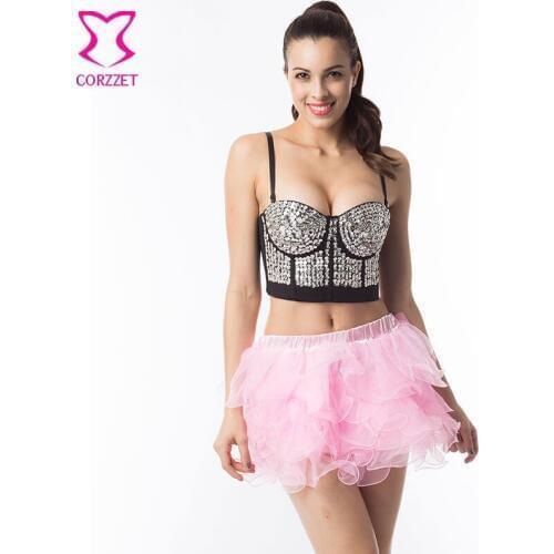 Silver Beading Sequined Women Brassiere Push Up Bralette Sexy Bra Skirt Set Gothic Punk Bustier Clubwear Crop Top Plus Size Bras