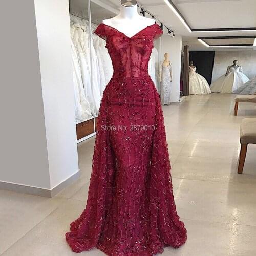 2019 Maroon Off The Shoulder Mermaid/Trumpet Long Evening Dress Tulle Appliques Beaded Floor-Length Formal Dress Prom Dress