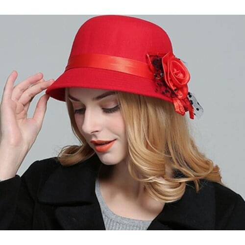 1PC Elegant Imitation Woolen Flower Hat Ladies Bowler Hats Warm Bucket Cap Women Vintage Fashion