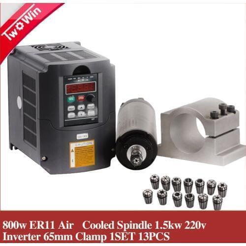 800w Air Cooled Spindle Set 0.8KW Spindle Motor + 1.5KW 220V HY Inverter + 65mm clamp + 13PCS Collet ER11 cnc spindle