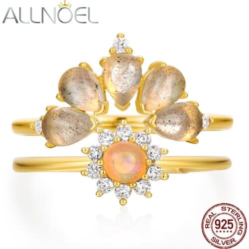 ALLNOEL Real Gold Plated Natural Opal Gemstones Luxury Fine Jewelry Solid 925 Sterling Silver DIY Stackable Rings Set Hot Sale