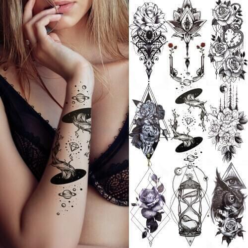 Diamond Tree Planet Temporary Tattoo For Women Black Buddha Forest Hourglass Tattoo Sticker Fake Demon Eye Triangle Tatoo Paste