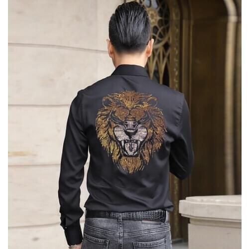 M-4XL Fashion summer Men Shirts New Solid Color Turn Down Collar Long Sleeve Slims Fit Blouse Mens Shirt Top Male Rhinestone Sh