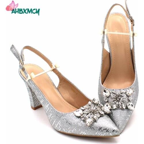 Silver Nigerian Women Sandals Decorated with Rhinestone Italy Wedding Shoes for Party African Autumn Sexy High Heels Pump