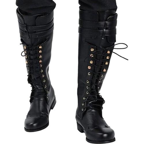 Calf Leather Boots High Boots Halloween Cosplay Costume Robin Hood Shoes Men Military Tactical Lace Up Punk Boots For Adult