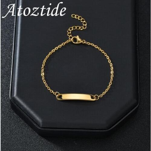 Atoztide New Customized Bracelet Men Stainless Steel Bar Chain Engraving Letter Name Gold Adjustable For Women Bangle Gift