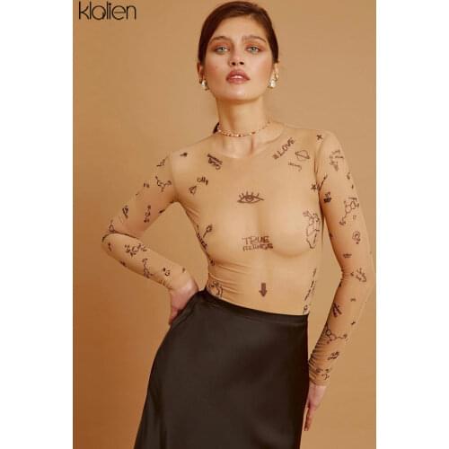 KLALIEN 2021 Spring Print Letter Mesh Long Sleeve Slim Women Bodysuit New Simple Casual See Through Streetwear Basic Bodysuit