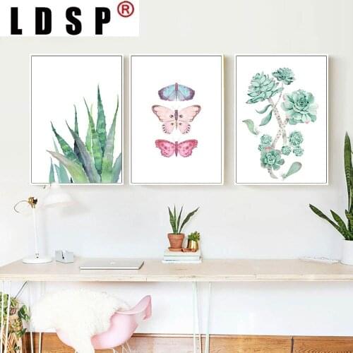 LDSP Nordic Watercolor Cactus Flowers Butterfly Canvas Painting Wall Art Painting Print Poster Picture Living Room Home Decor