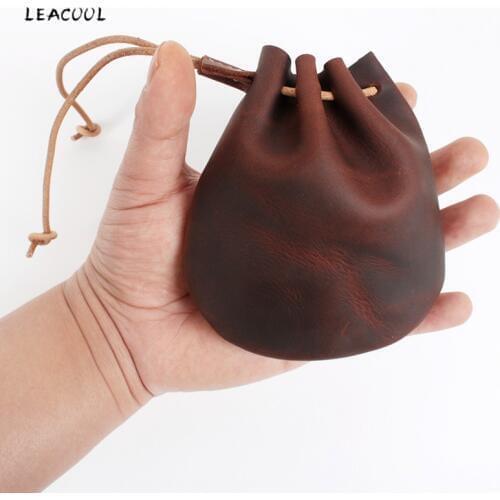 LEACOOL 100% Genuine Leather Coin Purse Crazy Horse Coin Bag Drawstring Pouch Calabash Jewelry Packing Bags