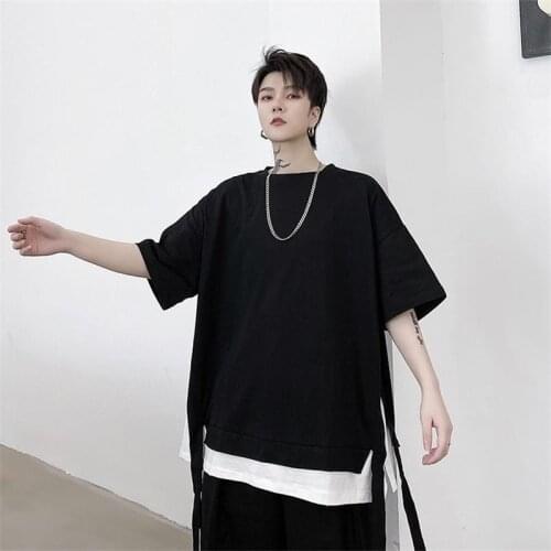 Summer dress dark black mens fake two short sleeve T-shirts harasukawa youth couple loose lazy T-shirt