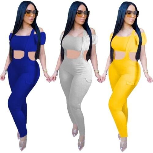 Fashion Ribbed Womens Set Off Shoulder Crop Tops Overall Jogger Sweatpant Two Piece Set Sport 2020 High Elastics Matching Set