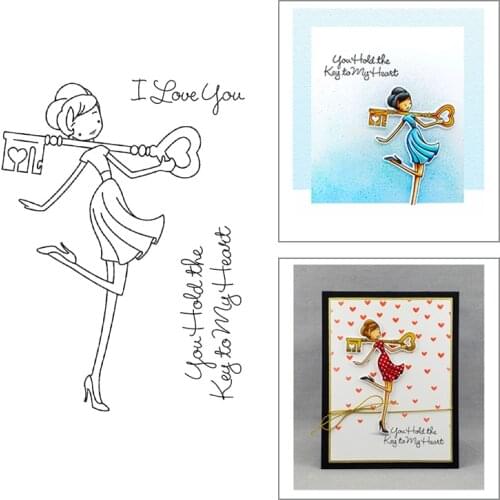 2020 New Dancing Girl Sentiment Words LOVE Clear Stamps Set and Heart Key Metal Cutting Dies Scrapbooking For Crafts Card Making