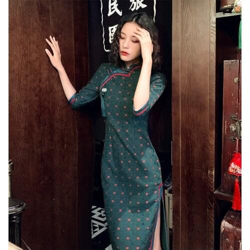 New spring original design Chinese old Shanghai style print big size retro improved Pan Bucket cheongsam dress for women