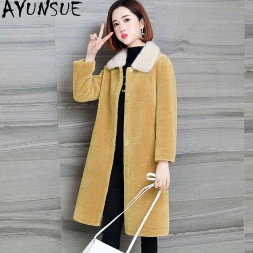 AYUNSUE Real Mink Fur Collar Coat Female Winter 100% Sheep Shearling Fur Coat 2021 Women Warm Wool Jacket Casaco Feminino Gxy208