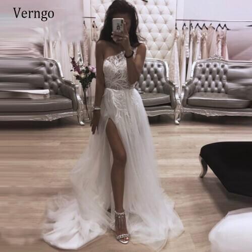 Verngo Sexy One Shoulder A Line Wedding Dress Delicate Lace Pattern Beads Soft Tulle Bridal Gowns With High Side Slit