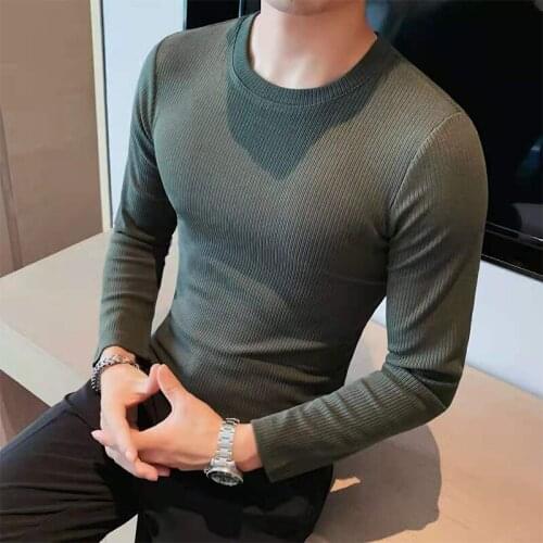 Casual Men Winter Solid Color Round Neck Long Sleeve Slim Sweater Mens Knitted Sweaters Pullover Men Knitwear Pullover Clothing