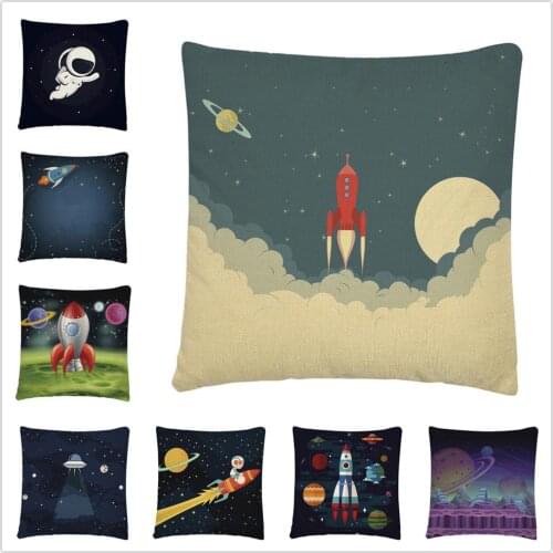 Simple and cute cartoon rocket pattern Linen Cushion Cover Pillow Case for Home Sofa Car Decor Pillowcase 45X45cm
