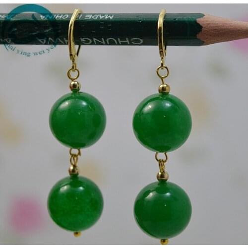 New Style Jades Earrings 14mm Big Size Green Color Doubel Beads Handmade Gold Hook Dangle Earring Gemstones Charming Woman Gift