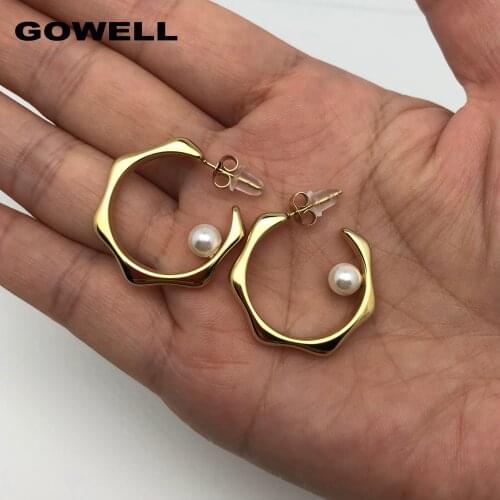 Classic Stainless Steel C Ear For Women Trendy Gold Colour Middle Circle Hoop Simple Geometric Shape Pearl Earrings Jewelry