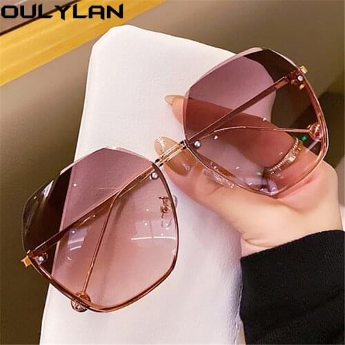 Oulylan Fashion Rimless Sunglasses Women Retro Classic Designer Sun Glasses Female Metal Polygon Eyewear Blue Pink Shades UV400