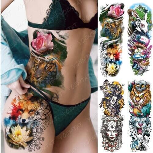 Waterproof Temporary Tattoo Sticker Tiger Fox Alice in Wonderland Flash Tatto Man Color Body Art Large Fake Sleeve Tatoo Woman