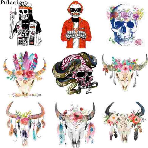 Pulaqi Skull Punk Rock Heat Transfer Vinyl Patches Iron on Transfer for Clothes Applique Stripes Thermo Sticker Iron on Patches