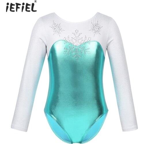 Kids Girls Long Sleeves Gymnastics Leotard Ballet Dress Shiny Rhinestone Snowflake Metallic Bodice Jumpsuit Ballerina Dance Wear