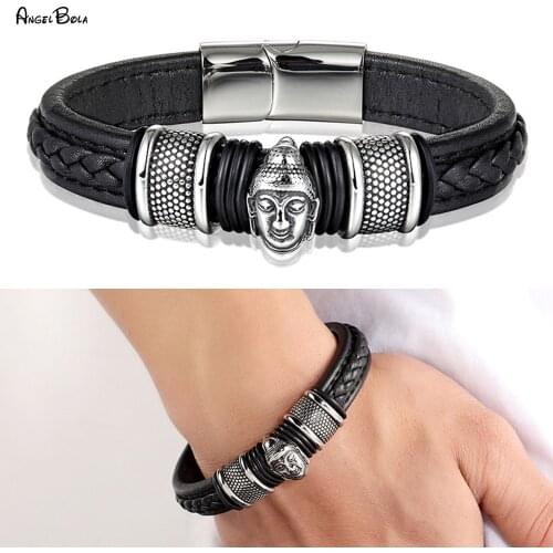 High Quality Genuine Leather Stainless Steel Jewelry Religious Buddha Bracelet Mens Blessing Bracelet Lucky Accessories Gift