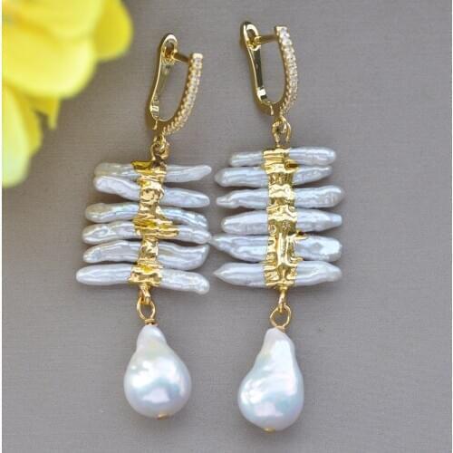 Z10649 21mm White Toothpick & Drop Edison Pearl Gold-plating Dangle Earring CZ