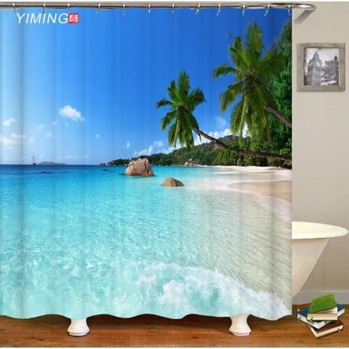 YIMING New style various seaside beach scenery bathroom shower curtain polyester waterproof home decoration curtain with hook